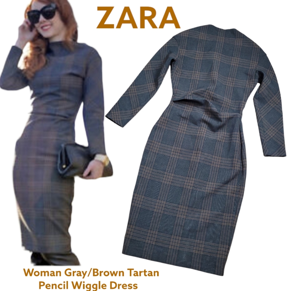 ZARA blogger favorite Tartan Plaid Wiggle Pencil Dress  brown bodycon stretch S